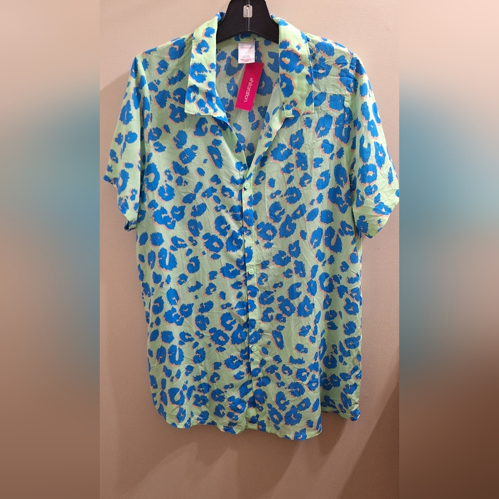 Xhilaration Summer Blouse – Green & Blue Leopard Print, Size L